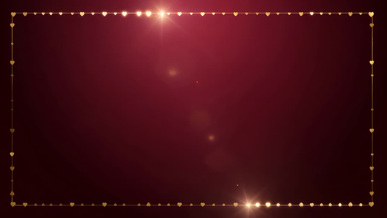 Bordo con cuori dorati brillanti, flare superiore visibile, scintillante e fiammeggiante su sfondo marrone scuro per sovrapposizione
