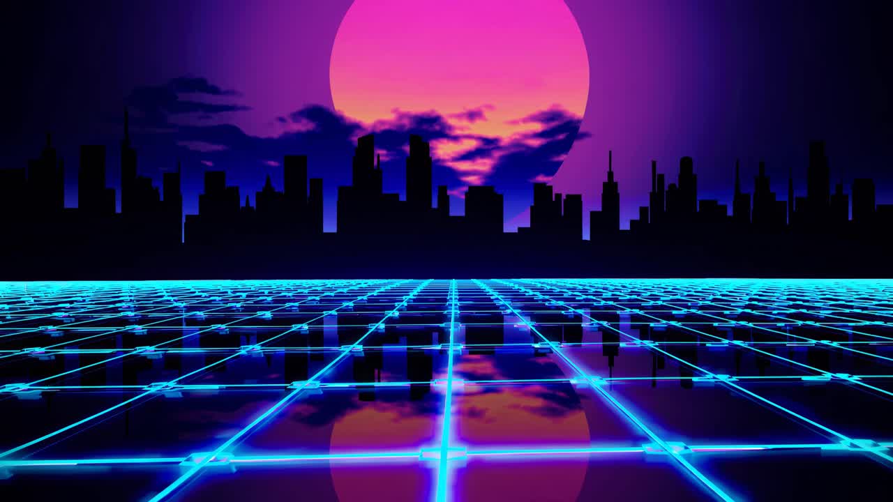 Retro-futuristic cityscape with neon grid, sunset backdrop