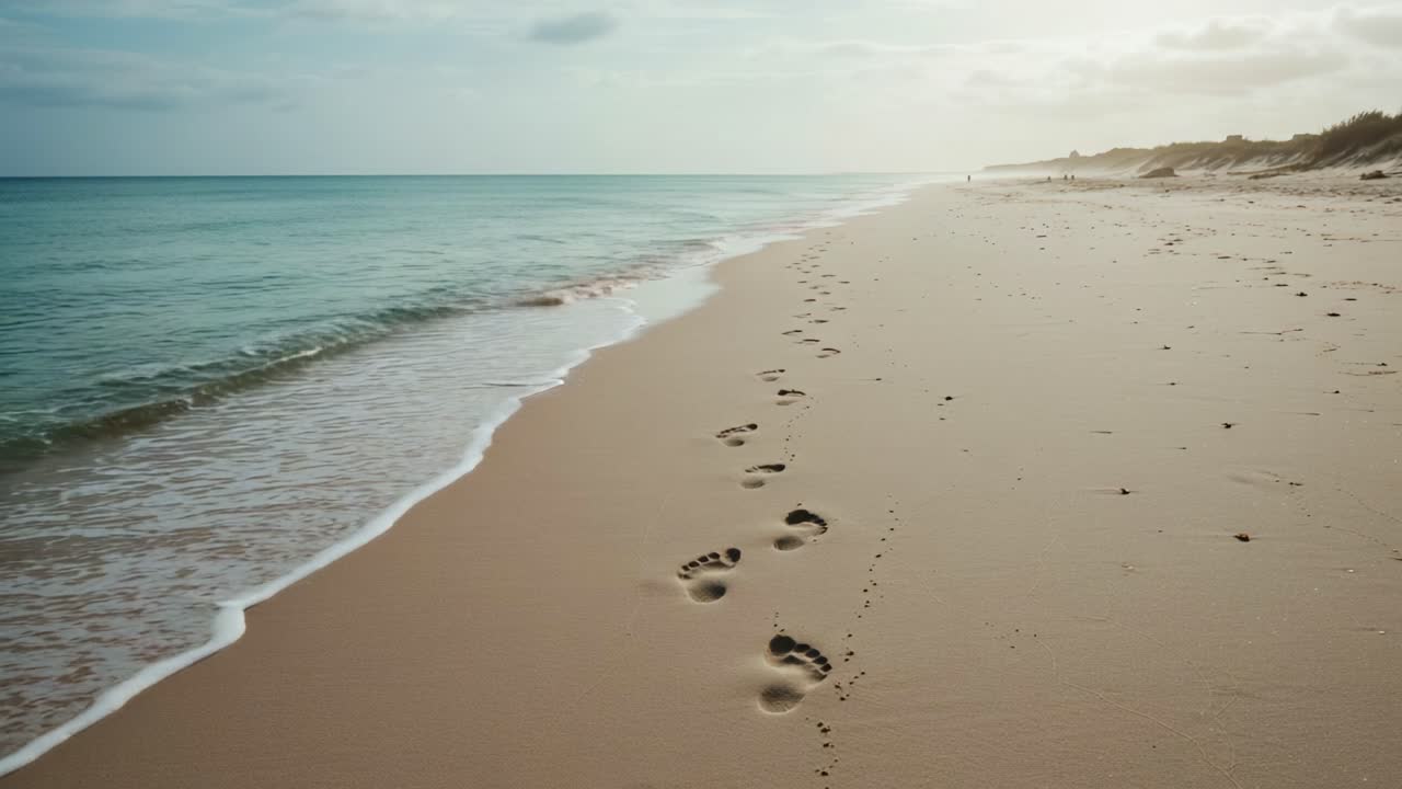 Impronte sulla spiaggia tranquilla: un viaggio sereno lungo la costa catturato in inquadrature suggestive che mostrano la bellezza e la tranquillità della natura.