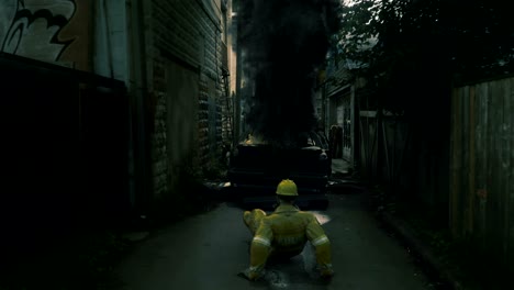 animation of a firefighter being thrown backwards by an explosion.