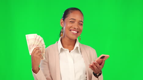 Money,-phone-and-woman-on-green-screen-for-profit