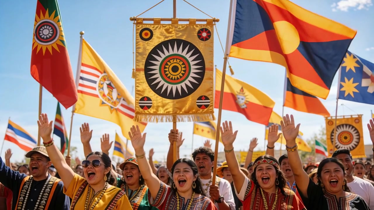 Multitud coreando con trajes folclóricos en una explanada, motivada por una pancarta central, levantando los brazos y agitando banderas.