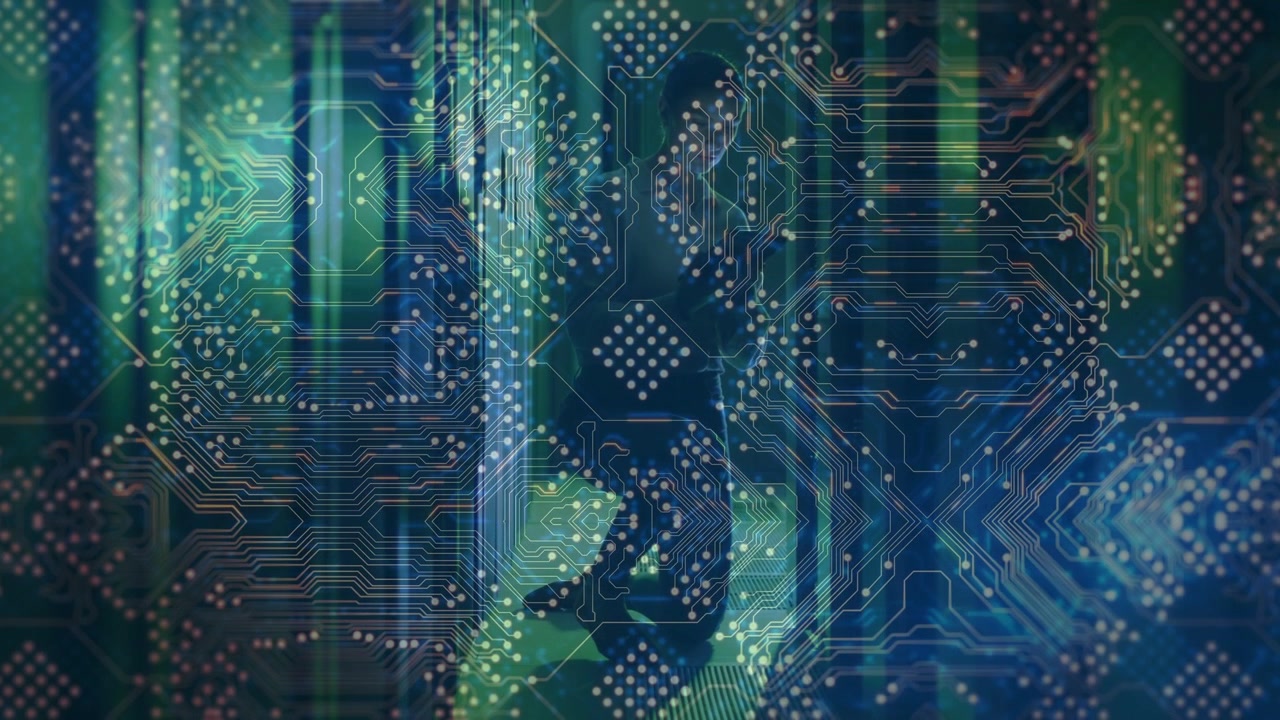 Playback starting, circuit motif pulsing nodes and drifting light bands, highlighting tech depth