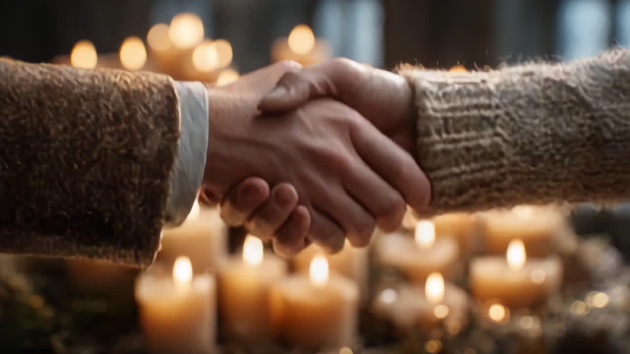 A Warm Exchange of Commitment: Hands Shaking Amidst a Soft Glow of Candlelight, Symbolizing Trust, Connection, and New Beginnings in a Cozy Atmosphere