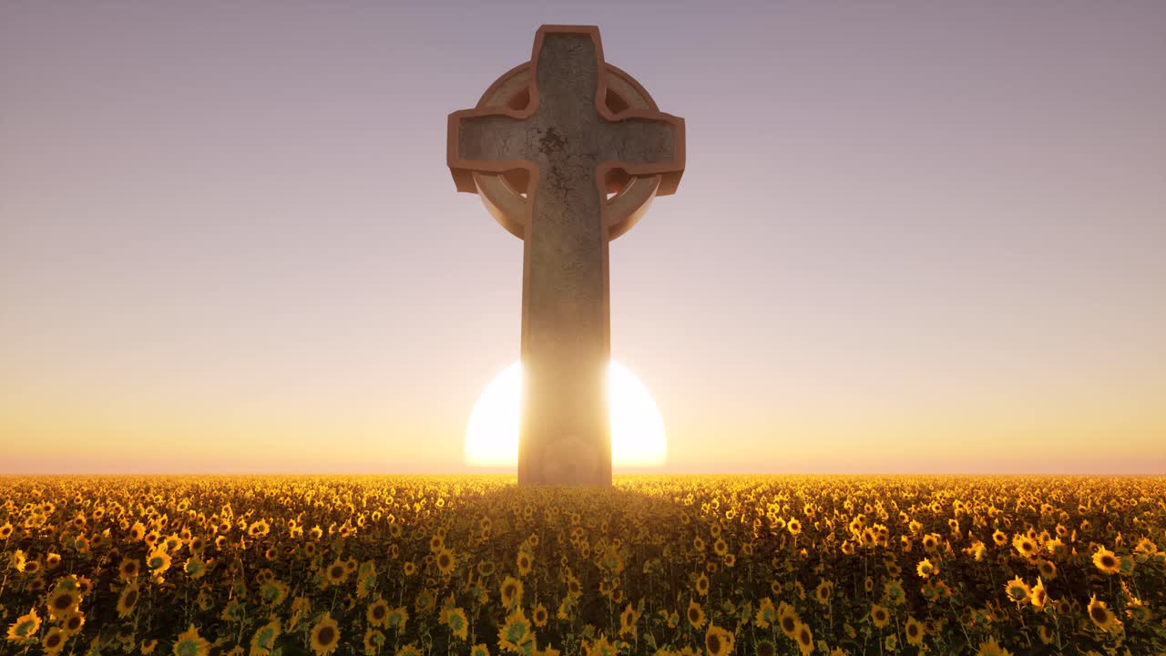 gran cruz de estilo medieval en un campo de girasoles con la puesta de sol detrás de ella, la cámara de animación 3d avanza lentamente
