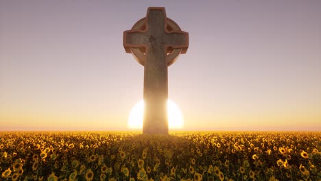 large medieval-style cross on a sunflowers field with the sunset behind it, 3d animation camera dolly forward slowly