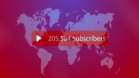 animación del aumento de los suscriptores en la burbuja de voz sobre el mapa del mundo en fondo de gradiente púrpura