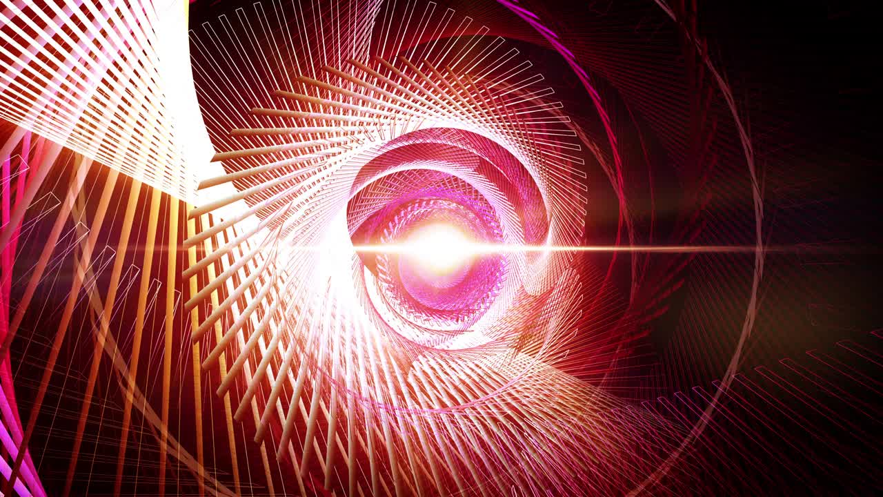 Abstract radiating glow red wire mesh vortex tunnel with center optical flare light flicker. 4K 3D rendering futuristic mesh tunnel vj seamless loop. Fly through sci-fi matrix shining rotating tunnel.