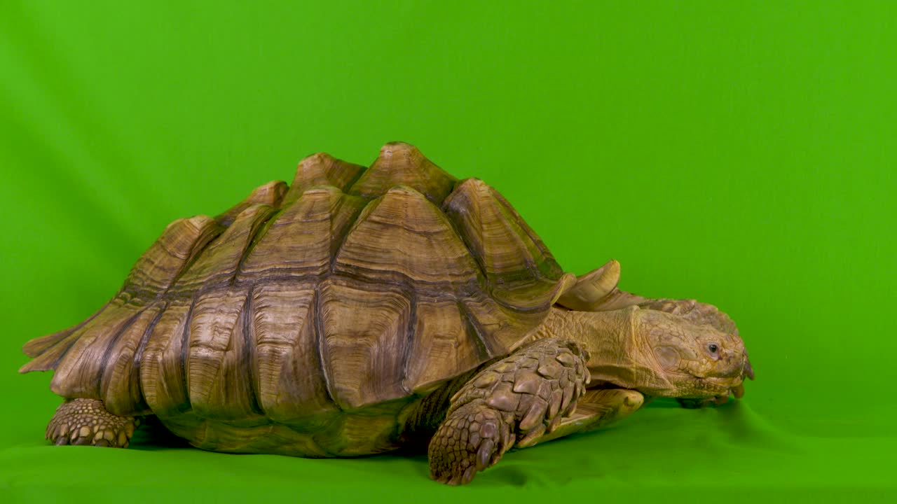 широкий снимок африканской шпорцевой черепахи сулката на зеленом экране