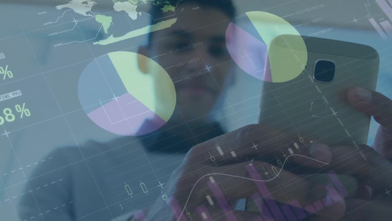 Animation of statistics and financial data processing over man using smartphone