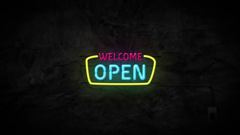 welcome open neon sign on brick wall background. business and service concept.