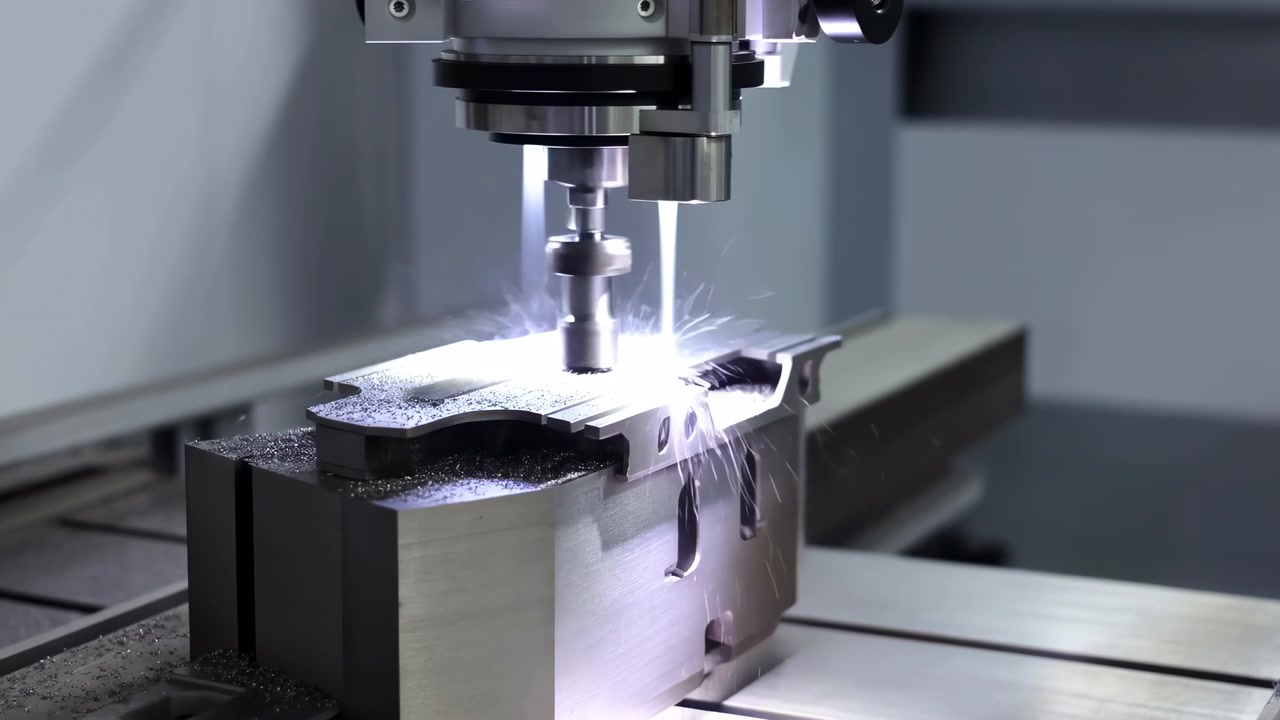 Un blocco di metallo viene lavorato da una macchina utensile mentre l'azione di taglio continua sotto una luminosa illuminazione dell'officina, mostrando scintille, superfici lucidate e attrezzature industriali dettagliate da un punto di vista ravvicinato.