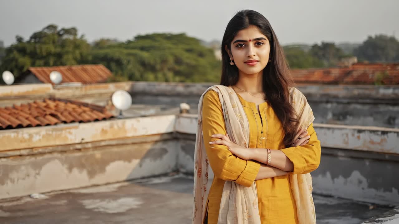 Young Indian woman in traditional yellow clothing standing confidently on a rooftop, embodying pride in her cultural heritage against a blurred backdrop of rooftops and trees