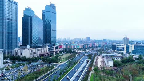 aerial view over yiwu international trade market, the largest wholesale market for small commodities, china