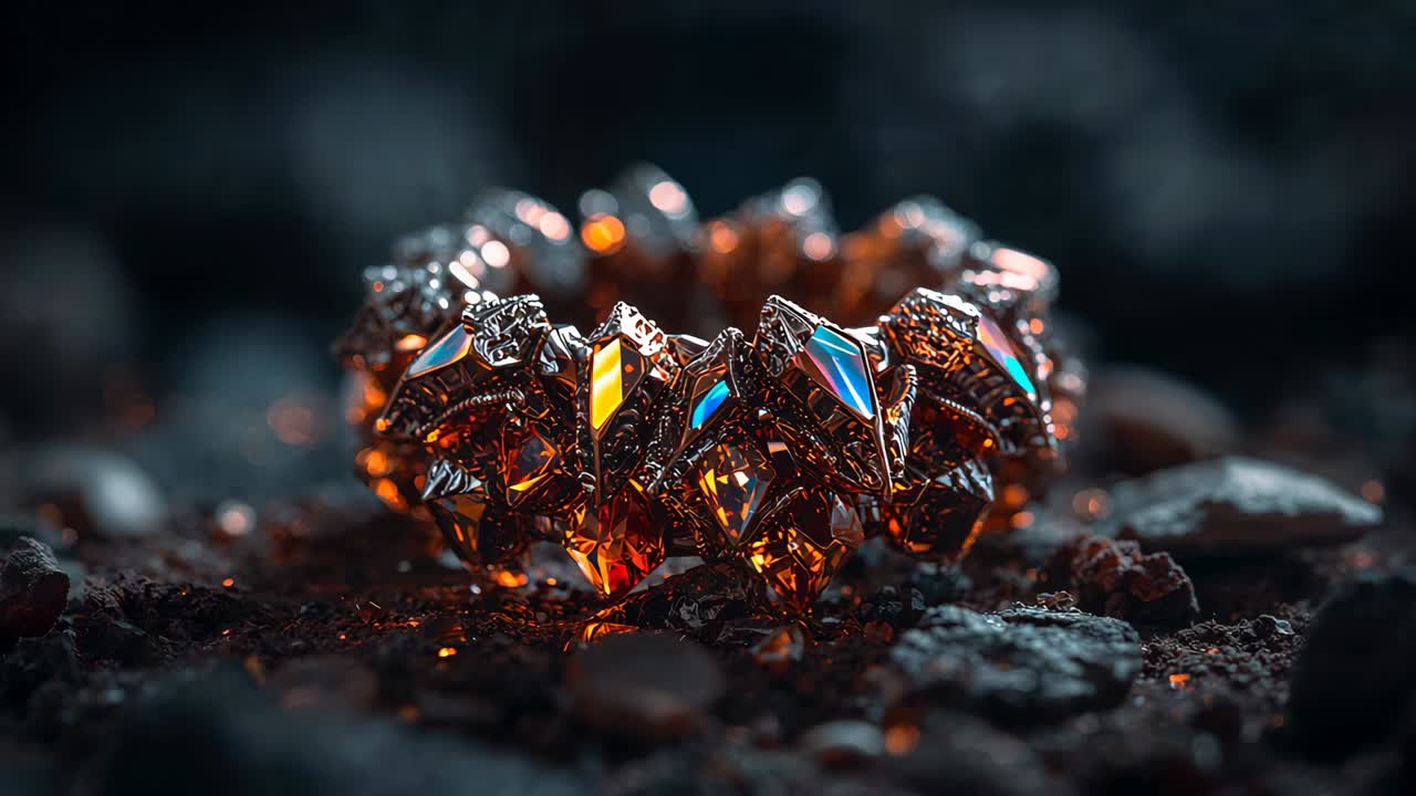 Shallow focusing camera moving in on ring with crystals on lava terrain, revealing ember highlights