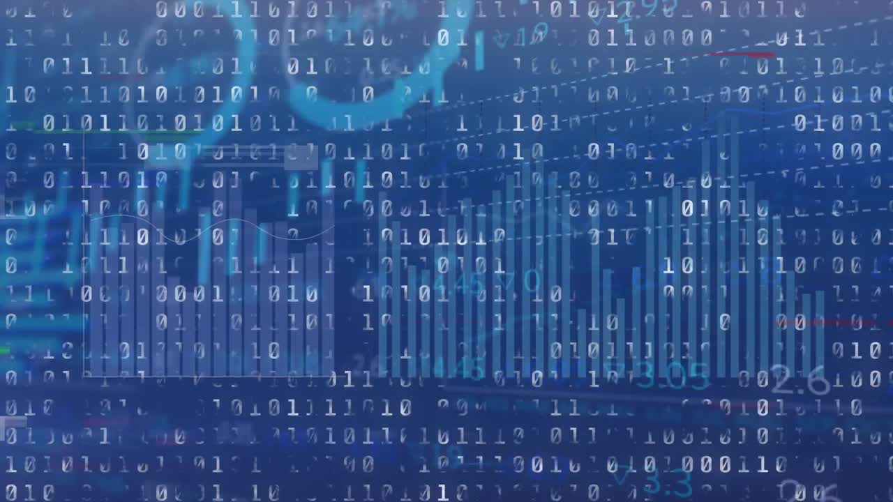 animatie van statistieken en gegevensverwerking in binaire codering op blauwe achtergrond.