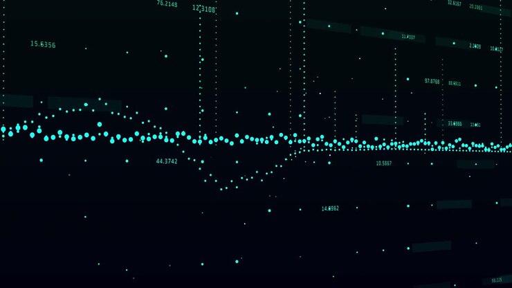 Blue dots and numbers moving against black background