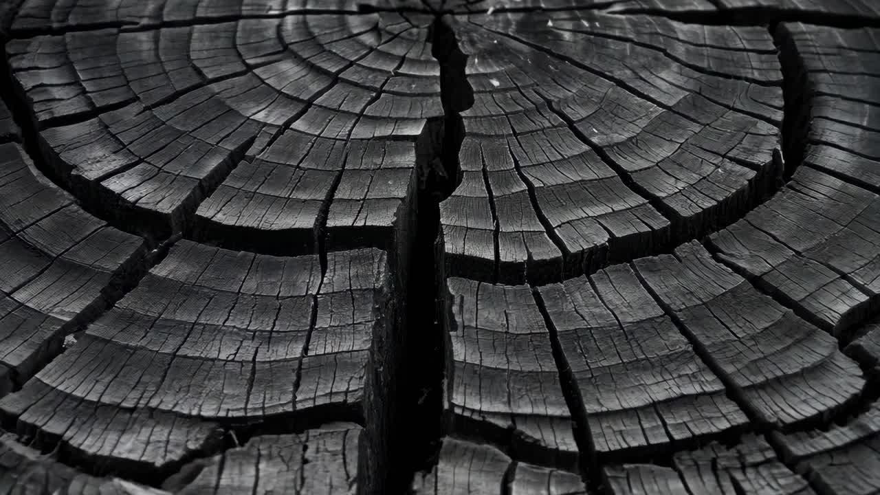 A large piece of wood with a black and white photo of it. The photo is of the wood with the bark removed and the wood is split in half