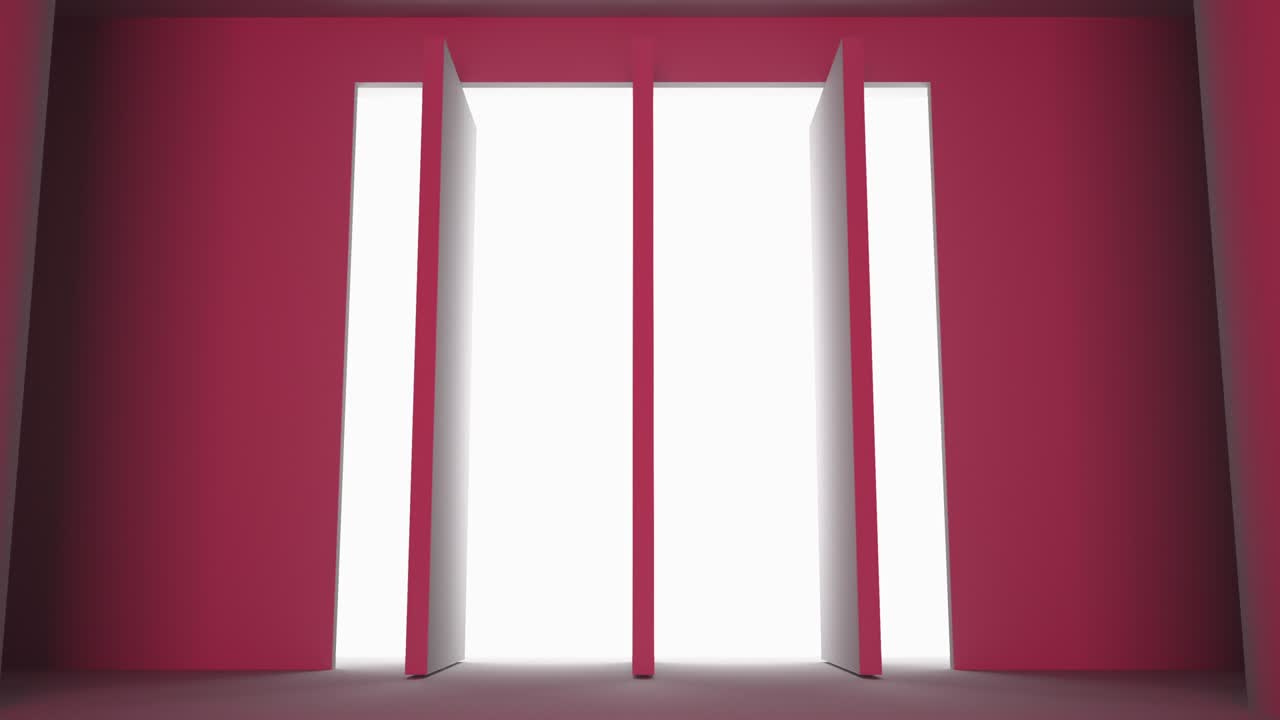 세 개의 문이 열리고, 셔터가 열리고, 빛의 광선이 내부로 침투합니다.결정의 개념, 밝은 미래, 3d 렌더링, 루프, 빨간색