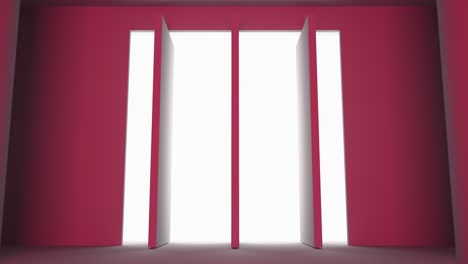 tres puertas abiertas, persianas abiertas, rayos de luz penetran en el interior. el concepto de la toma de decisiones, un futuro brillante. renderización 3d. bucle, colores rojos
