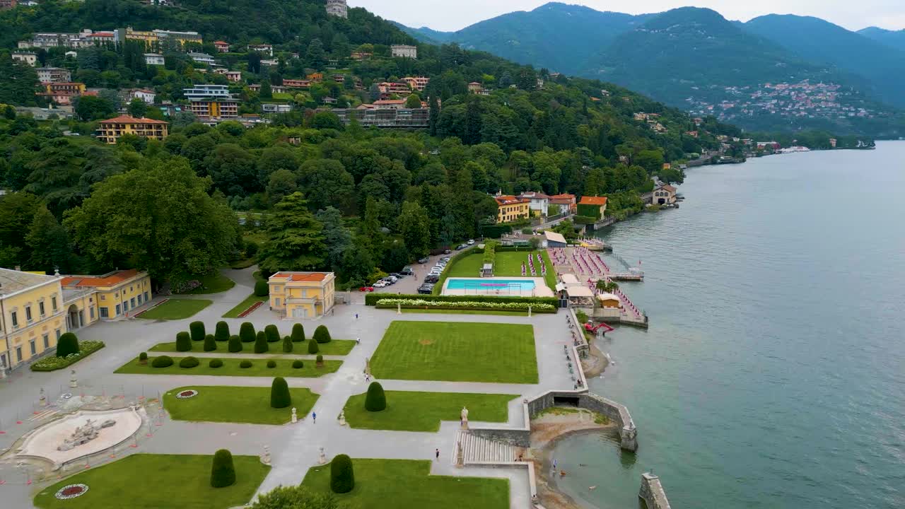 4K Aerial Drone Video of the Beautiful Lakeside Gardens of Villa Olmo on Lake Como, Italy in the Summer