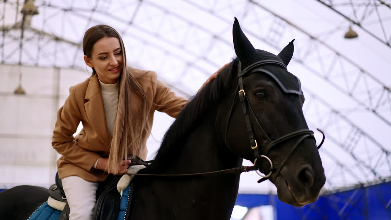 Brunette woman sitting on a gorgeous black horse. Lady leans forward to pet the animal. Low angle view. Manege at backdrop.