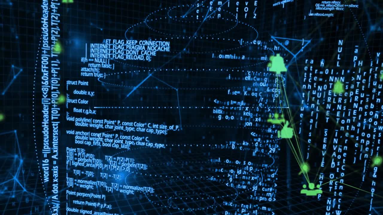 Camera moving, revealing cylinder of cascading code while network icons linking, showing data flow