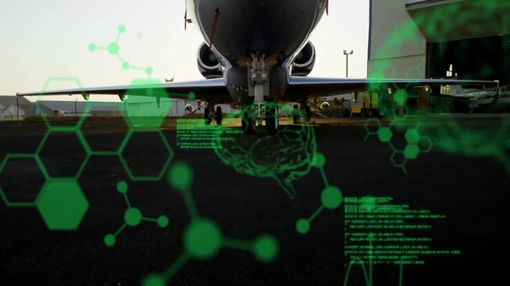 På landingsbane, fly med grønne digitale data og animation af molekylære strukturer