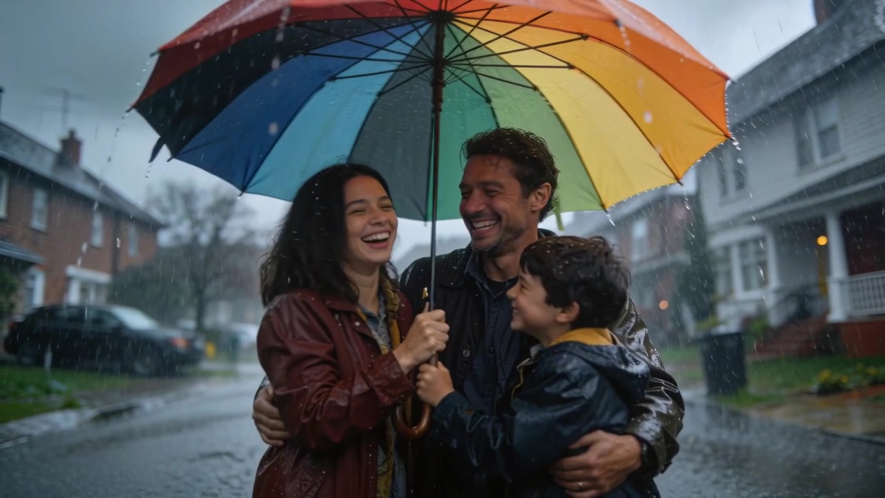 Huddling family in rain, sheltering child in yellow hood under rainbow umbrella on suburban street