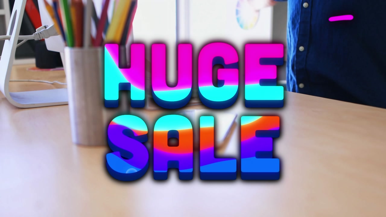 Animation of huge sale over man using computer and falling asleep
