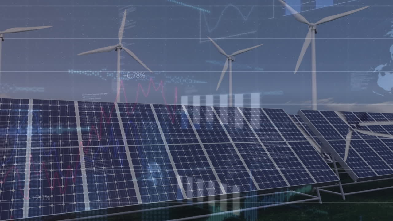 회전하는 풍차와 태양 패널에 대한 통계 데이터 처리의 애니메이션