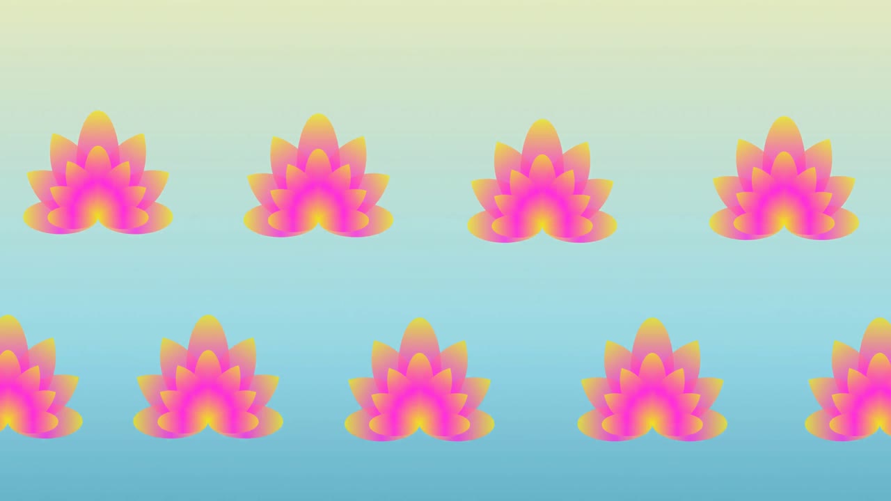 Composition of rows of lotus flowers moving on blue background