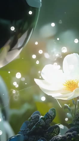 a robot is holding a flower in a field of flowers. the robot is white and has a flower in its hand. the scene is peaceful and serene, with the robot and the flower creating a sense of harmony