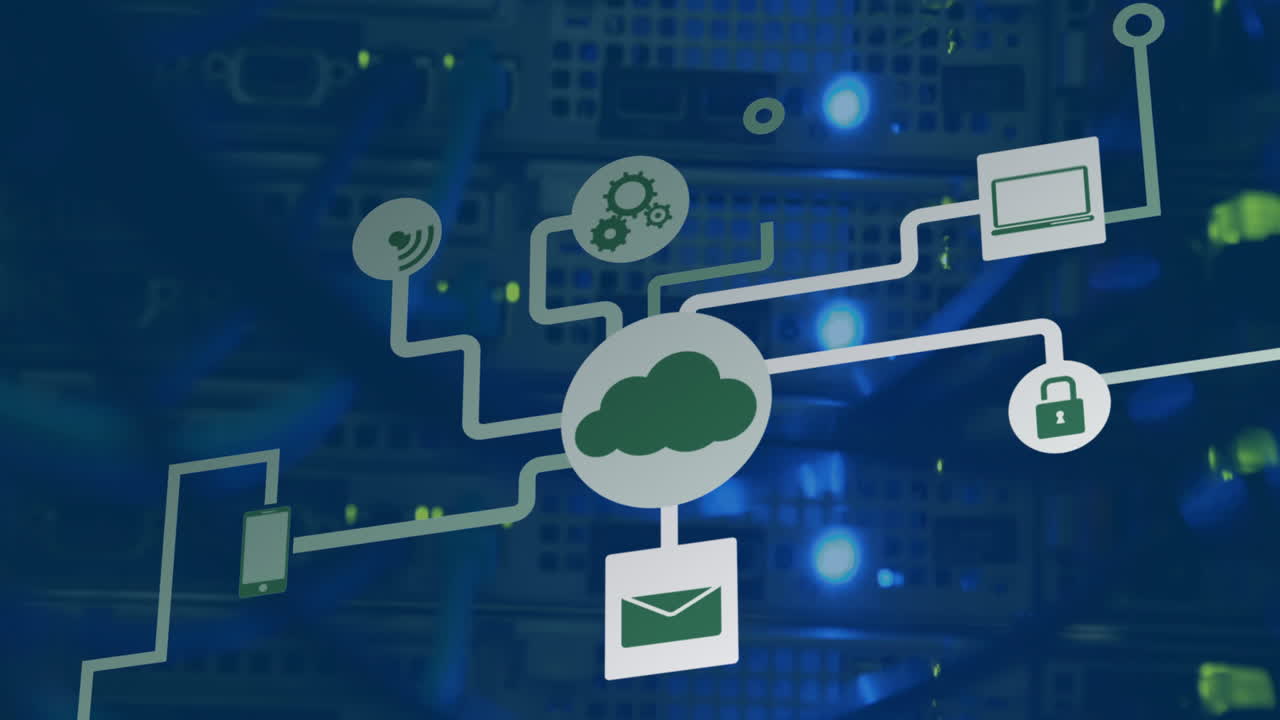 Animation of media icons over server room