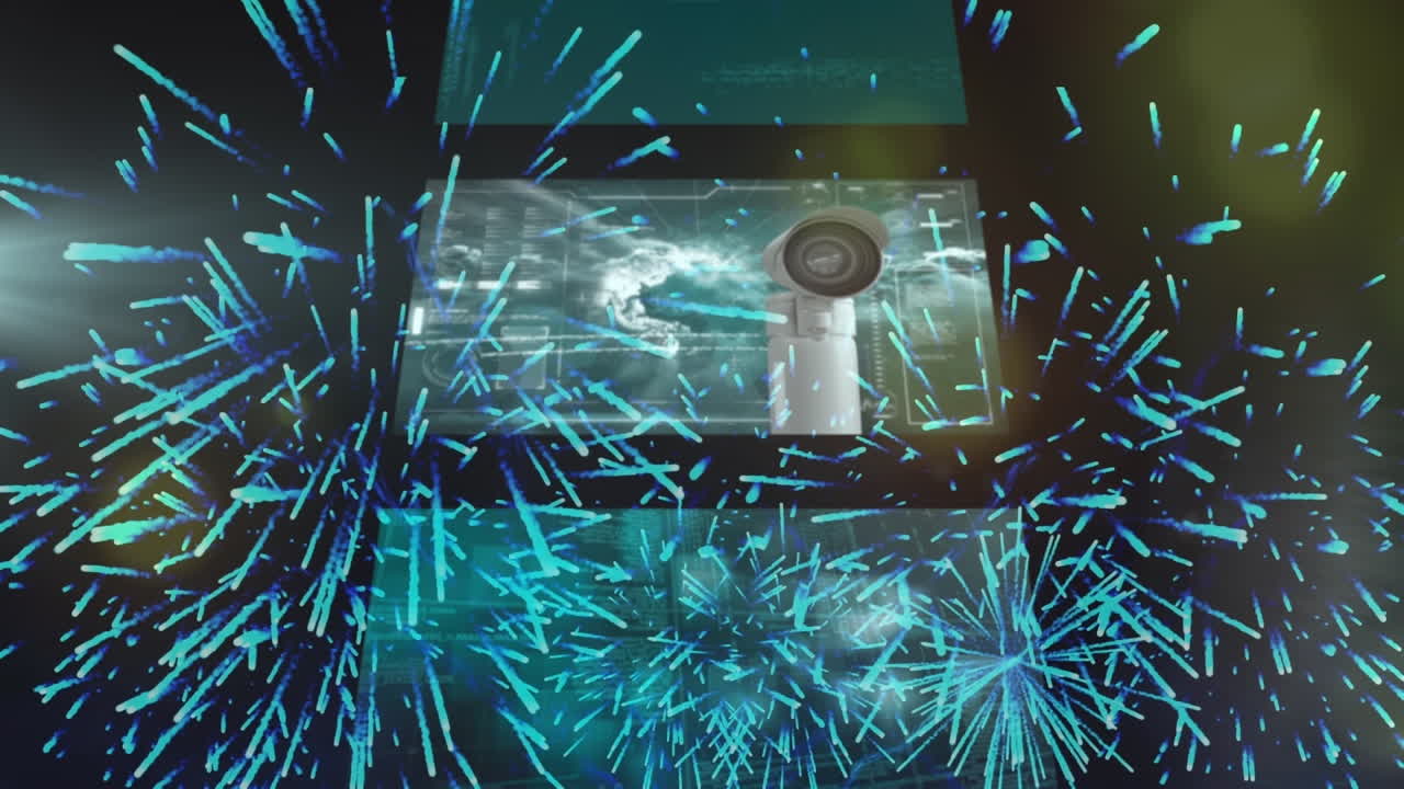 puntos de luz y fuegos artificiales explotando contra múltiples pantallas con procesamiento de datos médicos