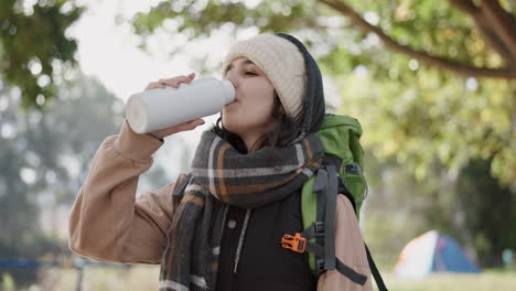 explore, nature and woman drinking water