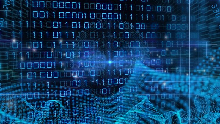 Animation of blue mesh, binary coding, data processing