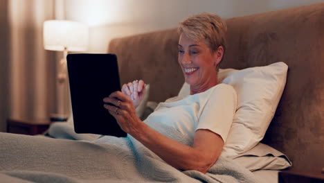 senior woman, tablet and video call in bedroom