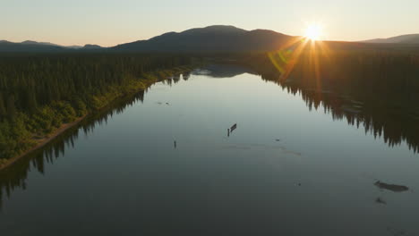 gorgeous high flying view of a fisherman fly casting out in the flowers river in labrador, canada