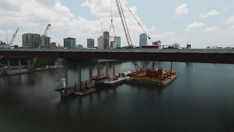 Construction-Of-Interstate-30-Road-Bridge-Over-Arkansas-River-Near-Downtown-Little-Rock-In-Arkansas,-USA