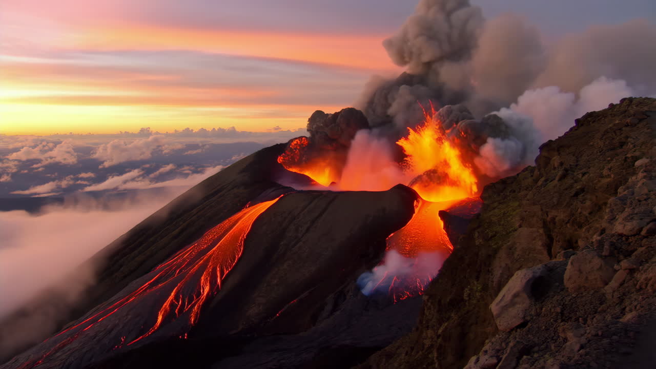 Drammatica eruzione vulcanica con flusso di lava al tramonto