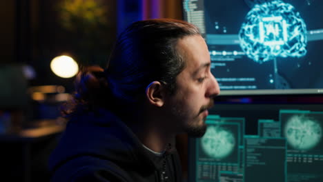 Hacker using AI machine learning on computer to produce malware corrupting data