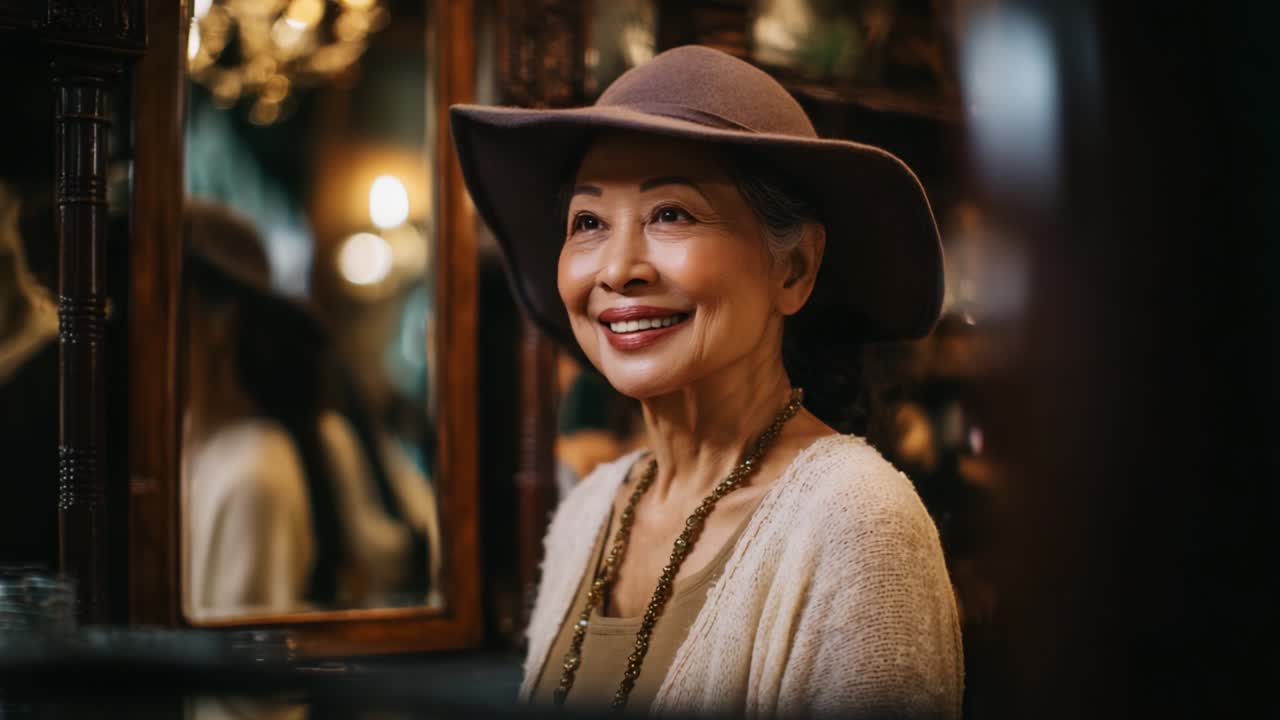 A Joyful Moment Captured: An Elegant Elderly Woman in a Vintage Setting, Sporting a Stylish Hat and Radiating Happiness Against a Beautifully Decorated Background with Soft Lighting