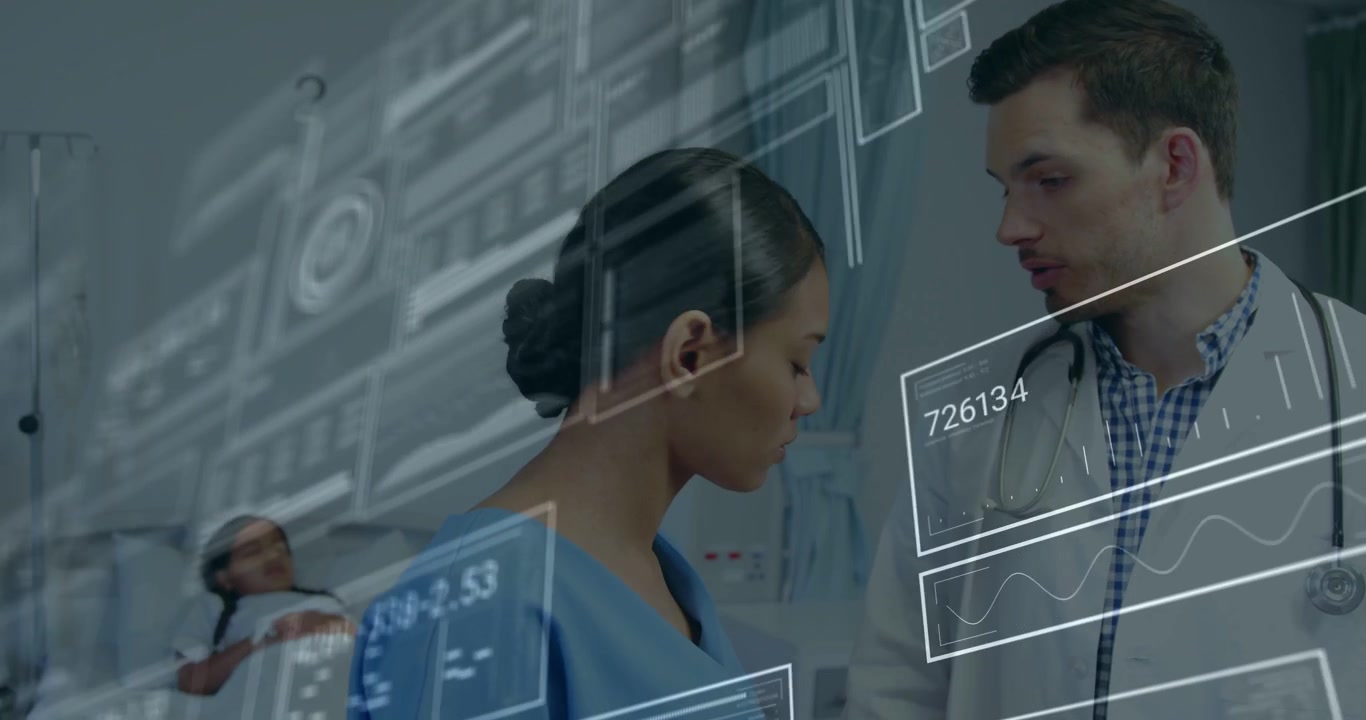 Dr viewing digital medical charts then pointing and writing notes, nurse reading beside patient bed
