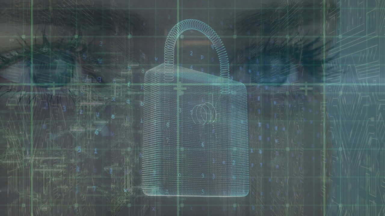 animación del icono del candado digital, el rostro de la mujer y el procesamiento de datos en el fondo de la cuadrícula