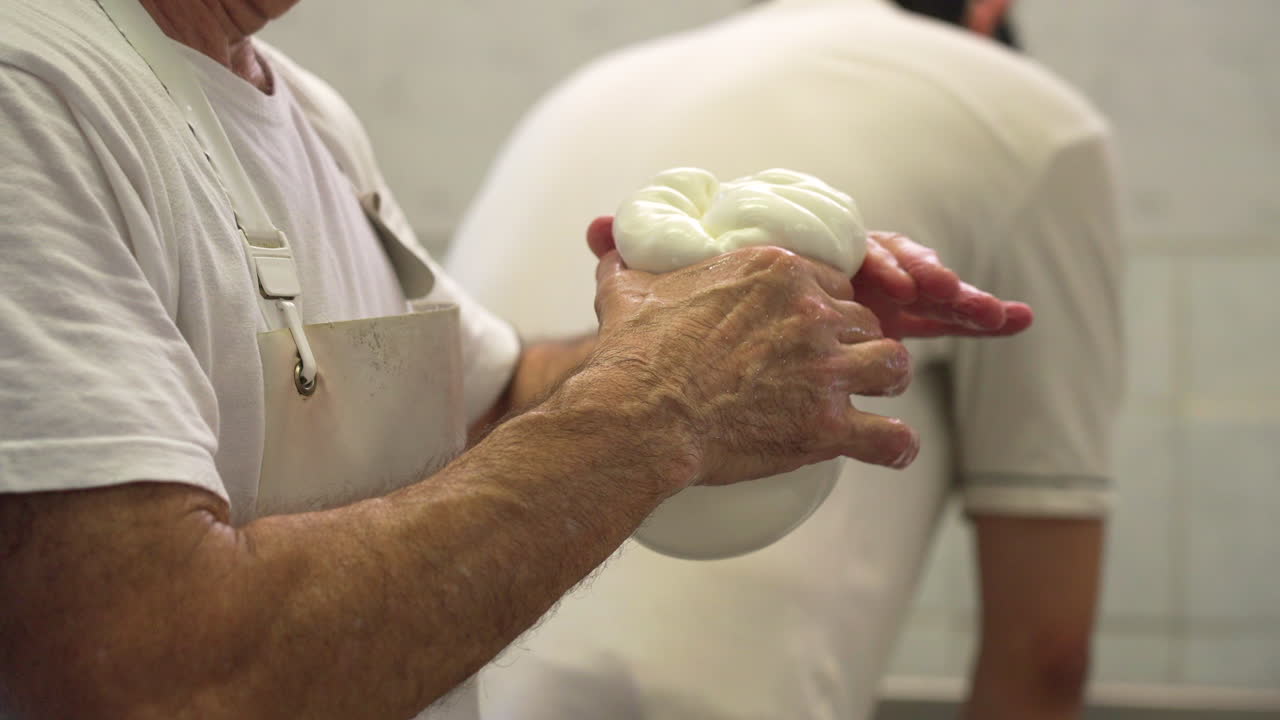 Maler Worker kneading fresh mozzarella cheese in fatory, production process