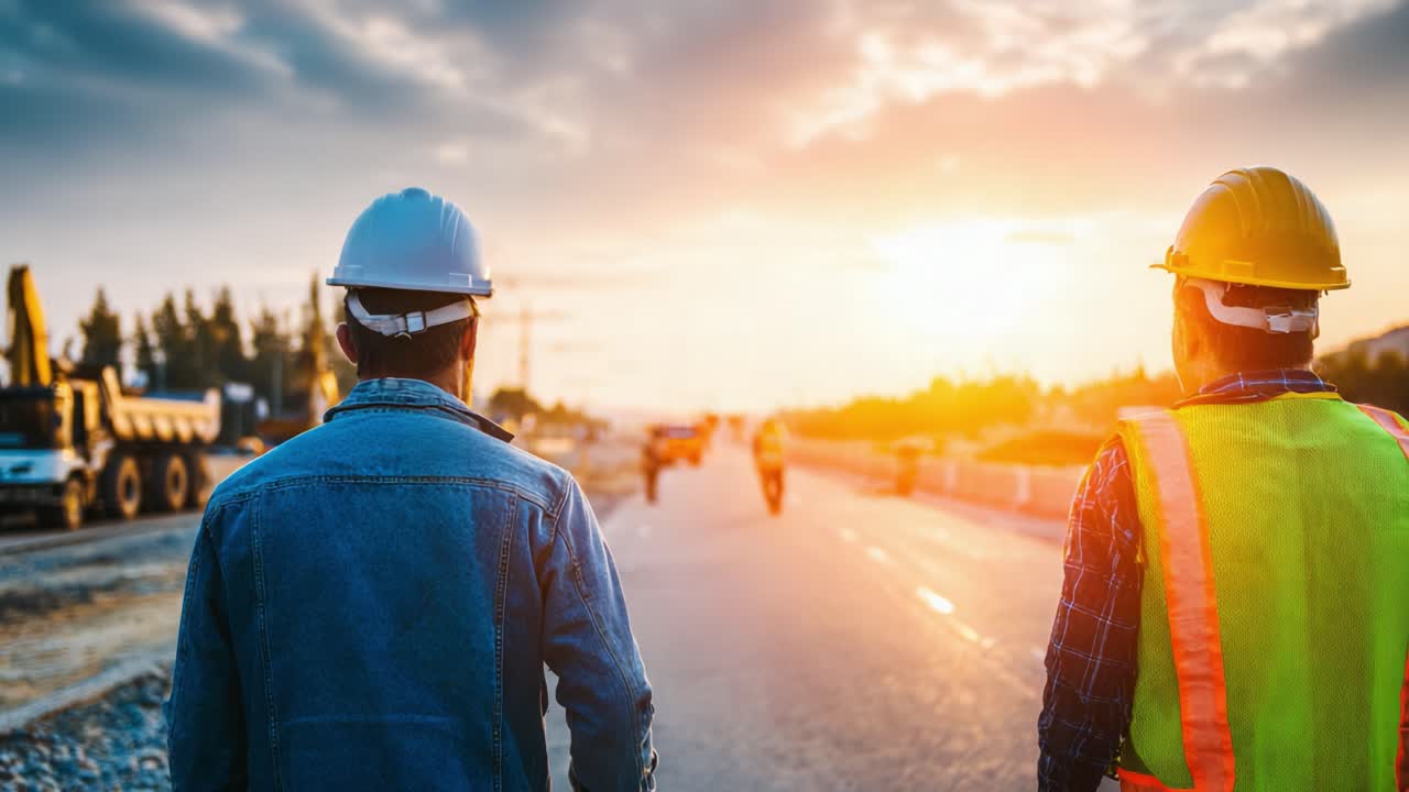 Two Construction Workers Observing a Sunset Over an Active Worksite, Engaged in Conversation and Planning for the Next Steps of Their Project