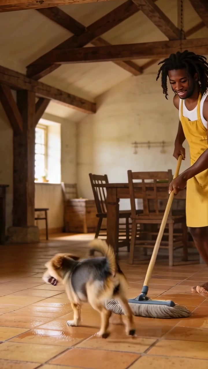 Vertical video: Tan black dog chasing mop motion in dining area while man in yellow apron mopping
