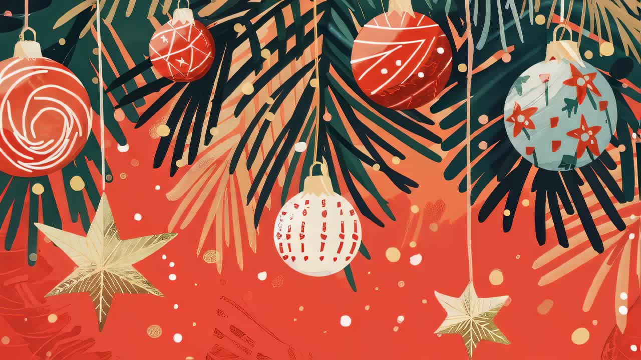 Glittering Christmas ornaments and golden stars suspended from pine branches, spreading seasonal cheer against vivid red background, white isolated festive composition