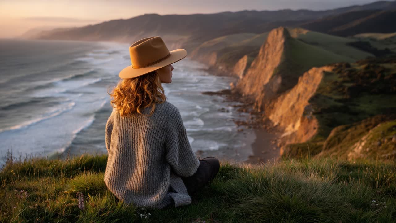 A Tranquil Moment: A Woman in a Hat Contemplates the Infinite Beauty of Ocean Waves and Cliffs at Sunset, Embracing Nature's Serenity and Wonder